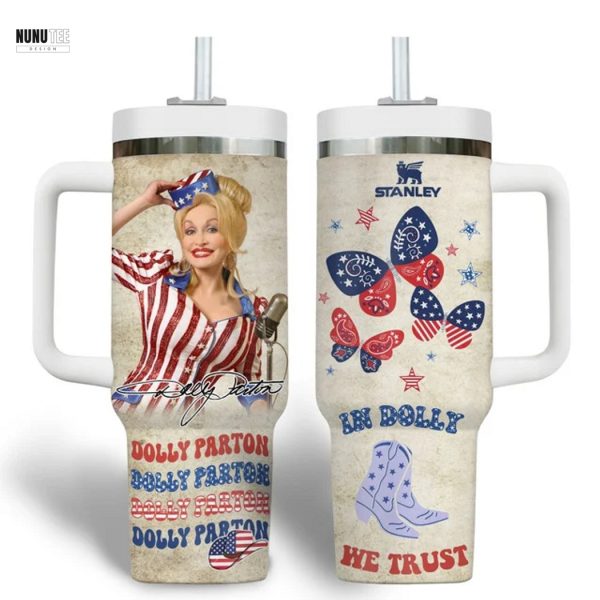 Dolly Parton Happy 4th Of July In Dolly We Trust Tumbler With Handle And Straw