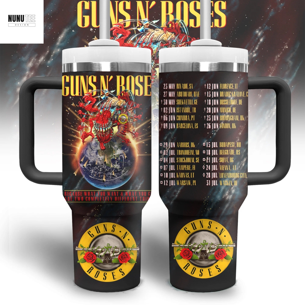 Guns N Roses Because What You Want & What You Get Are Two Completely Different Things Tour Tumbler With Handle And Straw Guns N Roses Because What You Want & What You Get Are Two Completely Different Things Tour Tumbler With Handle And Straw