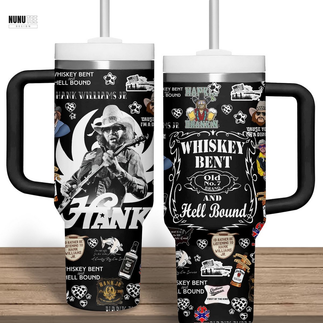 Hank Williams Jr Whiskey Bent And Hell Bound Tumbler With Handle And Straw - Black Hank Williams Jr Whiskey Bent And Hell Bound Tumbler With Handle And Straw - Black