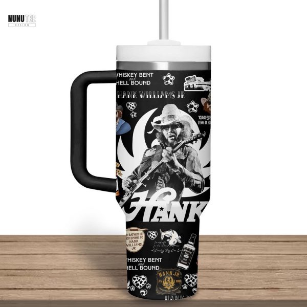 Hank Williams Jr Whiskey Bent And Hell Bound Tumbler With Handle And Straw – Black