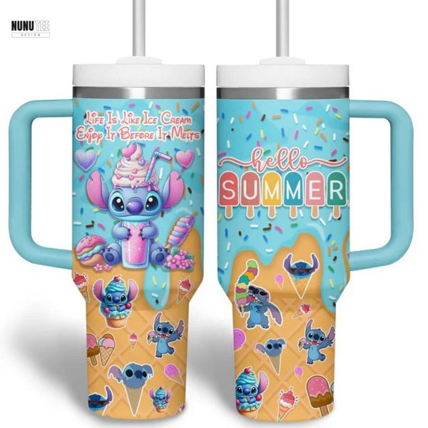 Stitch Hello Summer Like Is Like Ice Cream Tumbler With Handle And Straw