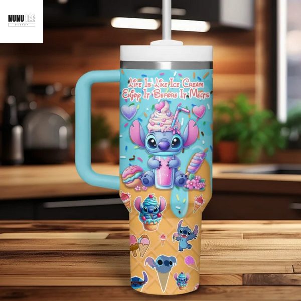 Stitch Hello Summer Like Is Like Ice Cream Tumbler With Handle And Straw