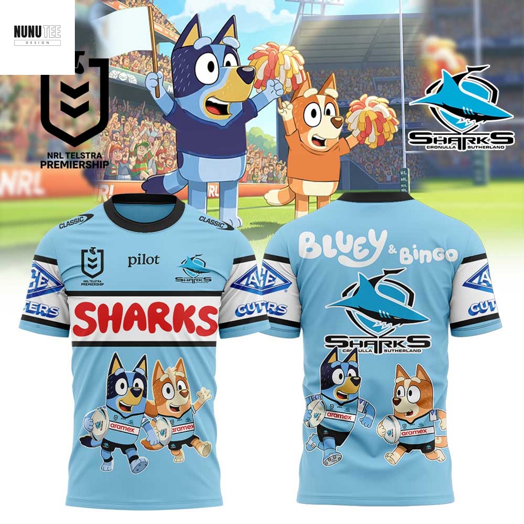 Cronulla Sharks Bluey And Bingo 3D T-Shirt Cronulla Sharks Bluey And Bingo 3D T-Shirt