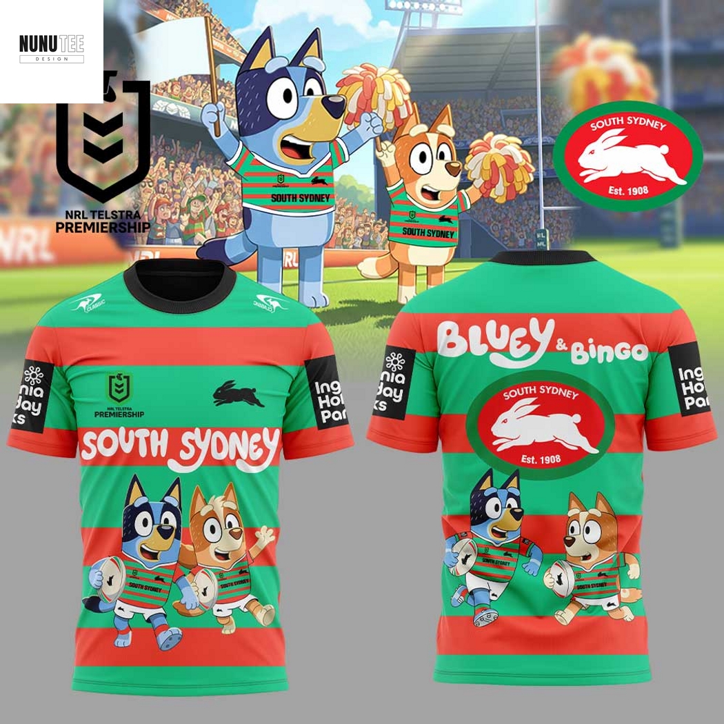 South Sydney Rabbitohs Bluey And Bingo 3D T-Shirt South Sydney Rabbitohs Bluey And Bingo 3D T-Shirt